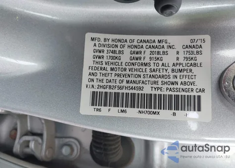 2015 Honda Civic Lx из США, поврежденный, VIN 2HGFB2F56FH544592